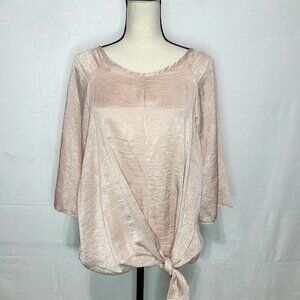 LANI CALIFORNIA Blush Pink Blouse Top Satin Tie Front 3/4 Sleeve Shiny Sz S